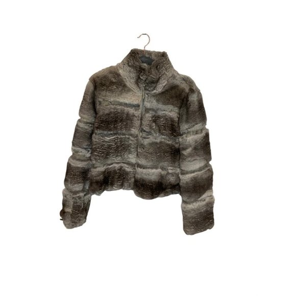 June Grey Reversible Rabbit Fur Jacket Leather Trim/polyester Side Jacket Size L - Picture 1 of 16